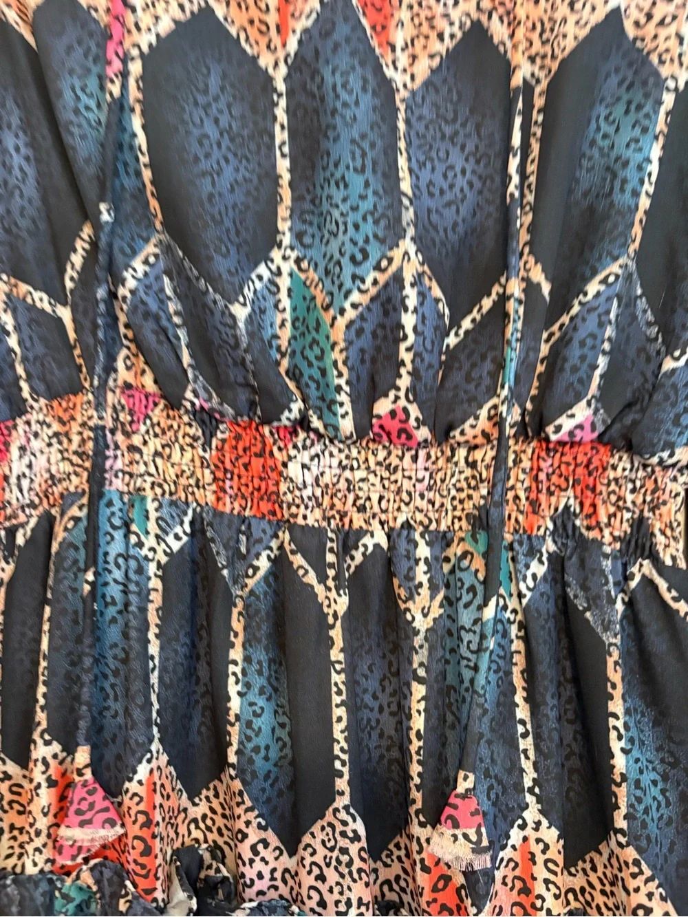 Smocked Waist Long-Sleeve Tiered Dress in Navy Multi - Picture 4 of 5